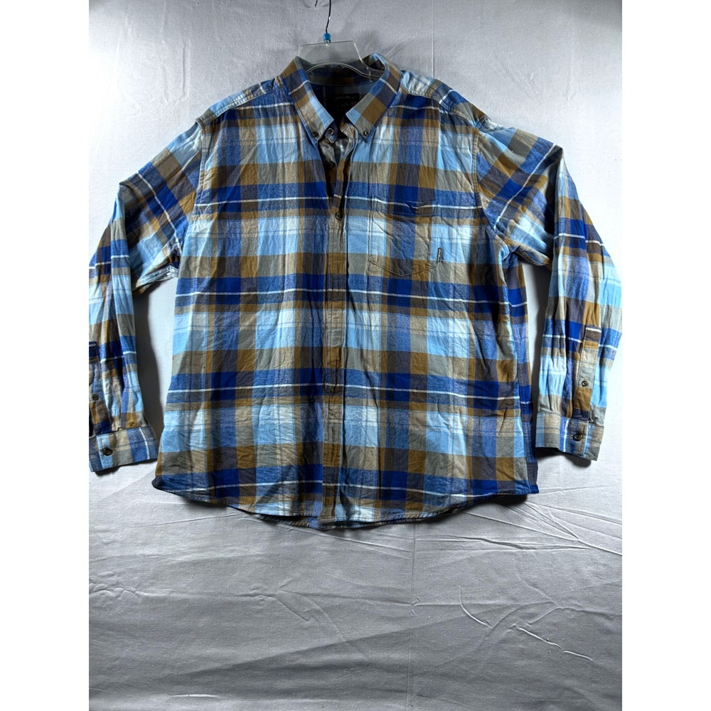 Eddie Bauer Mens 2XL Blue Brown Plaid Long Sleeve Button Down Cotton Shirt